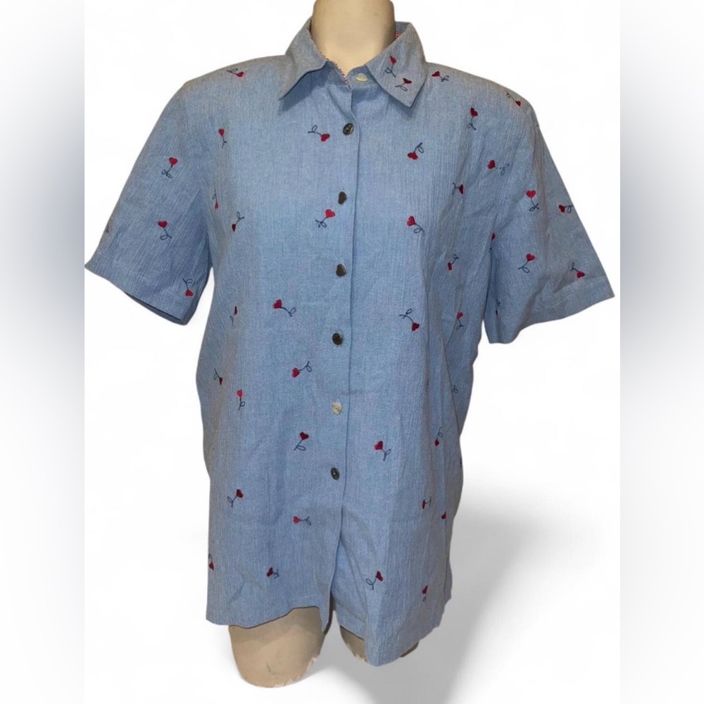 Vintage Koret City Blues short sleeve button up top shirt blouse hearts medium